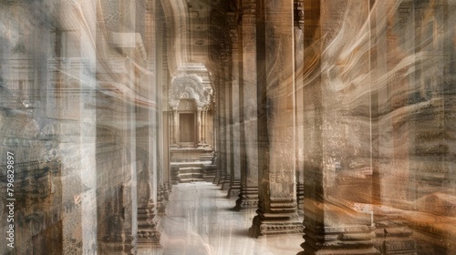 Soft muted colors blending together in a blur as if veiled by time itself revealing only small glimpses of the grandeur and majesty of an ancient temple. . photo