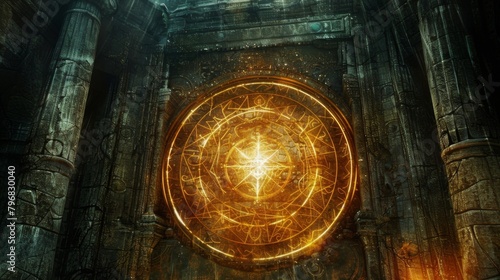 In the heart of a forbidden temple a secret chamber is illuminated by a single glowing sigil revealing the gateway to a parallel dimension . .