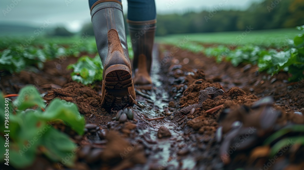 Farmer walking between crop rows in mud Farmer walking between crop rows in mud
