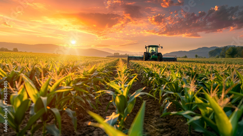 Corn field at sunset, agricultural fields with tractor, Harvester machine working at corn field.