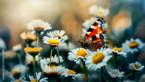 Close up Photograph of Monarch (Danaus Plexippus) butterfly on Wildflowers. Beautiful Nature Background  photo