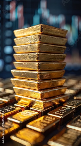 Stacks of gold bars ascending like a graph, symbolizing increasing value, against a financial chart background