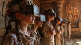 3D students in a virtual reality history lesson, ancient civilization scene, room for VR educational content