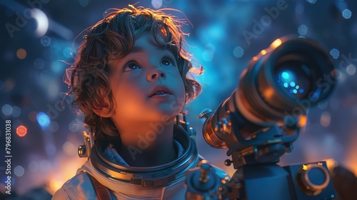 3D boy avatar using a telescope, starry night backdrop, perfect for astronomy educational content photo