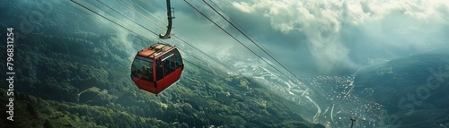 A cable car stalls over a deep valley, stranding riders with breathtaking views and racing hearts photo