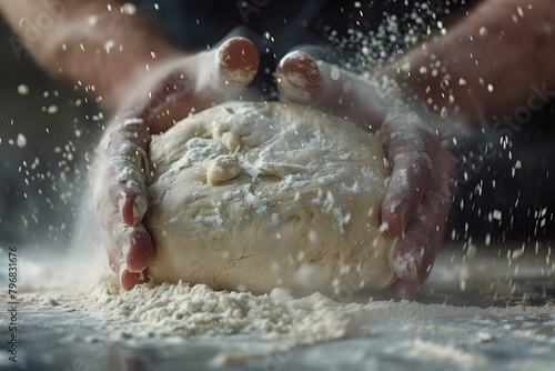 Closeup shots of hands kneading pizza dough on floured surface. Concept Closeup Photography  Food Preparation  Culinary Art  Kneading Dough  Food Styling