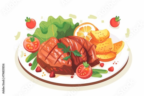 Illustration od a plate of steak cuisine on white background