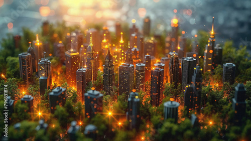 A cityscape with tall buildings and trees lit up in the night sky