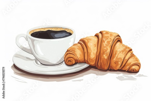 illustration of a black coffee and a croissant on white background