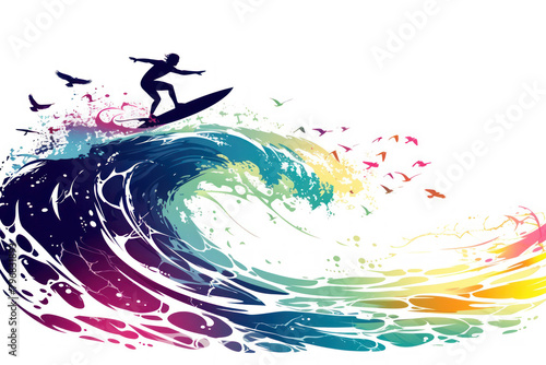 Colorful illustration of a surfer catching and riding the ocean wave