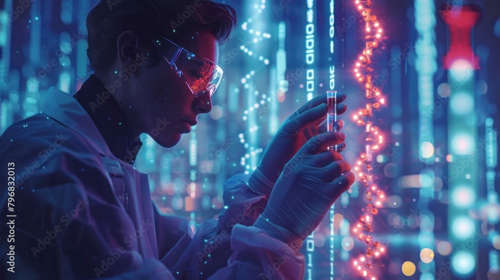 Experience the forefront of healthcare innovation with a wide banner hologram featuring a scientist conducting pharmaceutical research, holding medical testing tubes or vials, Experience the forefront of healthcare innovation with a wide banner hologram featuring a scientist conducting pharmaceutical research, holding medical testing tubes or vials,