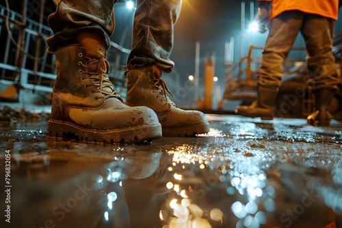 Construction workers boots on wet ground at night on illuminated construction site. Concept Night Photography, Construction Site, Work Boots, Wet Ground, Illuminated Environment
