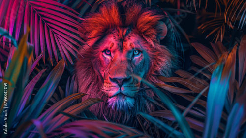 .Lion in tropical neon leaves.