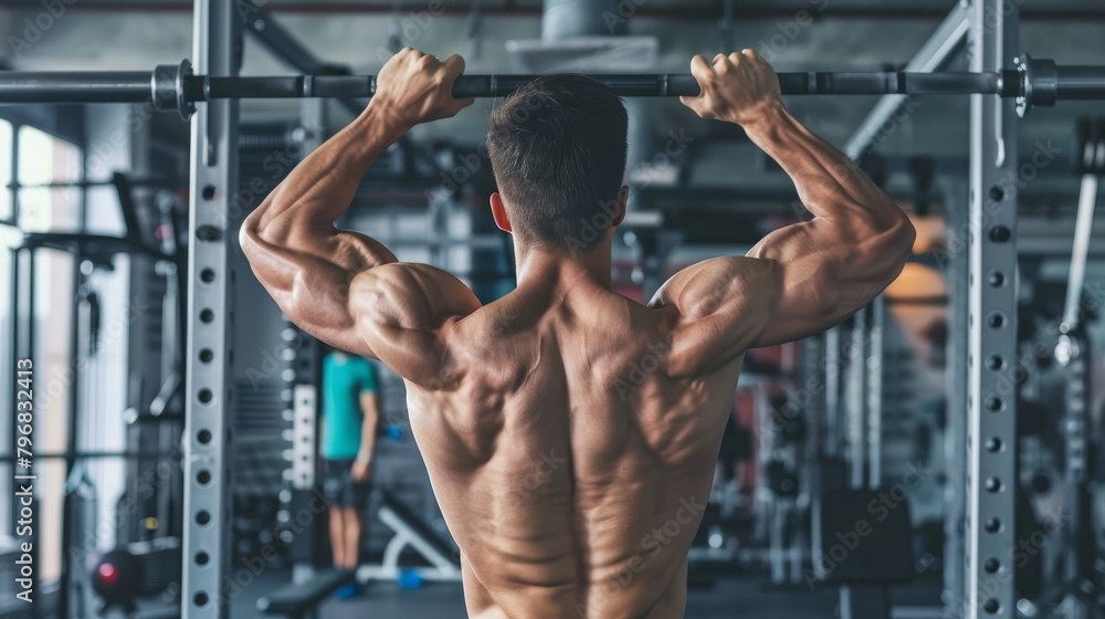 A muscular athlete performing pull-ups at a gym, demonstrating strength and dedication with a focus on his well-defined back muscles. A muscular athlete performing pull-ups at a gym, demonstrating strength and dedication with a focus on his well-defined back muscles.