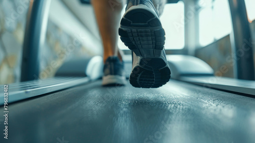 Close-up on the feet of a runner on a treadmill  showcasing the motion and fitness equipment during an intense cardio workout in a sports facility.