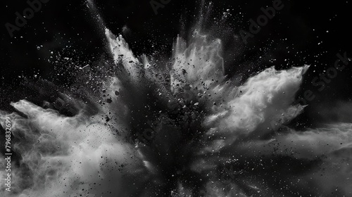 Graue und schwarze Farbexplosion vor dunklem Hintergrund, rauchender Knall, Explosion aus grauem und schwarzem Pulver photo