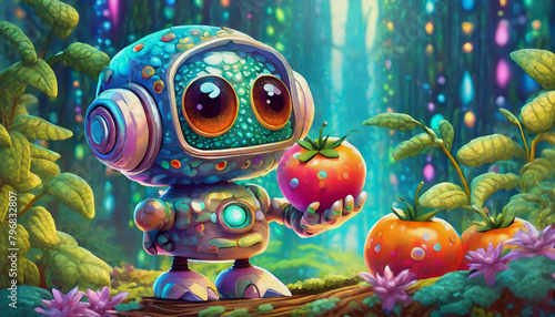 oil painting style CARTOON CHARACTER cute robot hold a tomato isolated on binary cod background
