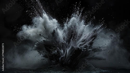 Graue und schwarze Farbexplosion vor dunklem Hintergrund, rauchender Knall, Explosion aus grauem und schwarzem Pulver photo