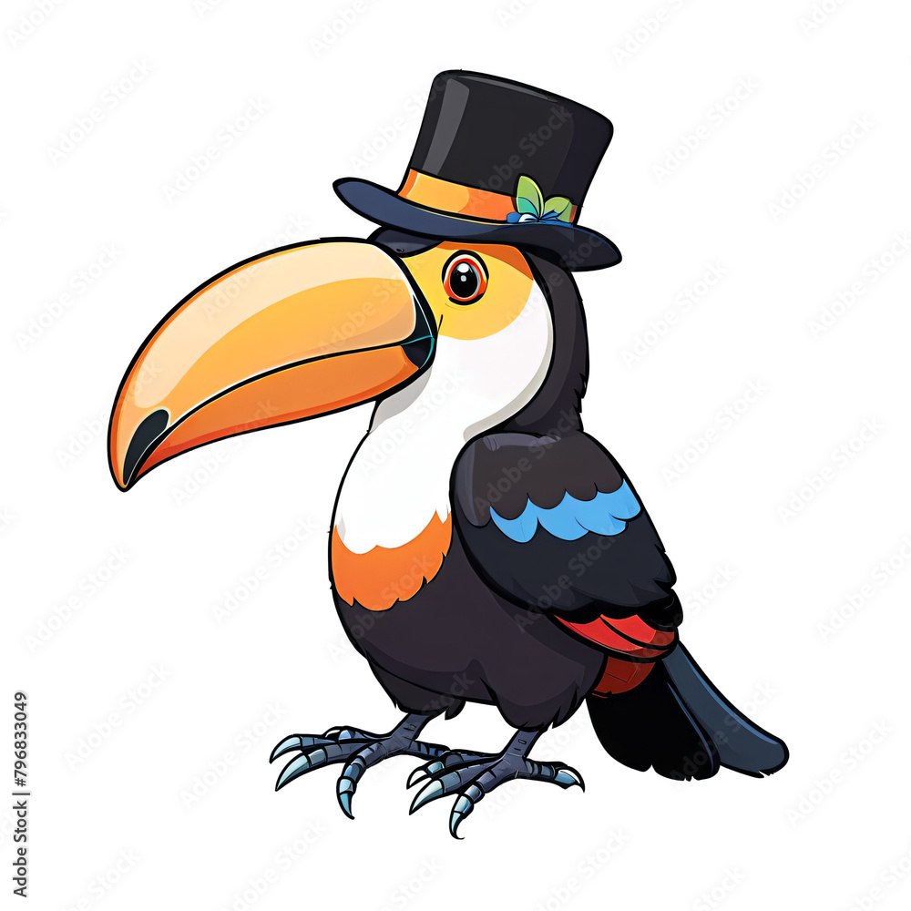Naklejka premium Toucan Wearing Top Hat Hand Drawn Cartoon Style Illustration