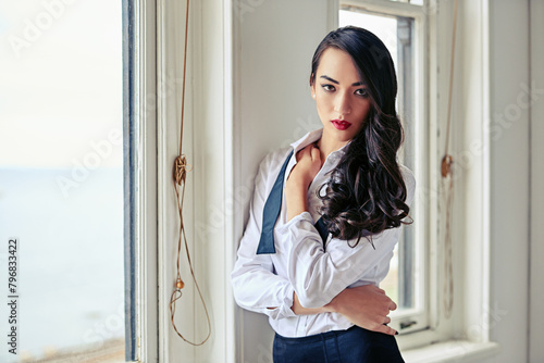 Woman, portrait and makeup with shirt by window with confidence, beauty or holiday in hotel room. Girl, person and relax with bowtie, fashion and sexy in morning in bedroom on vacation in Rome Free Download Woman, portrait and makeup with shirt by window with confidence, beauty or holiday in hotel room. Girl, person and relax with bowtie, fashion and sexy in morning in bedroom on vacation in Rome - GFXLoad