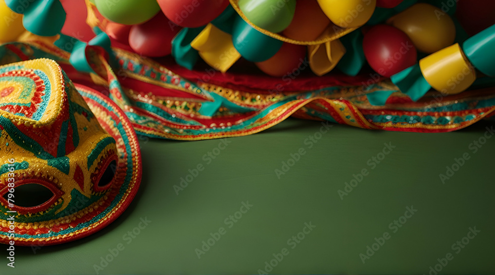 Mexican serape rug, sombrero and maracas
close up of a style cinco de mayo. Generrative. Ai