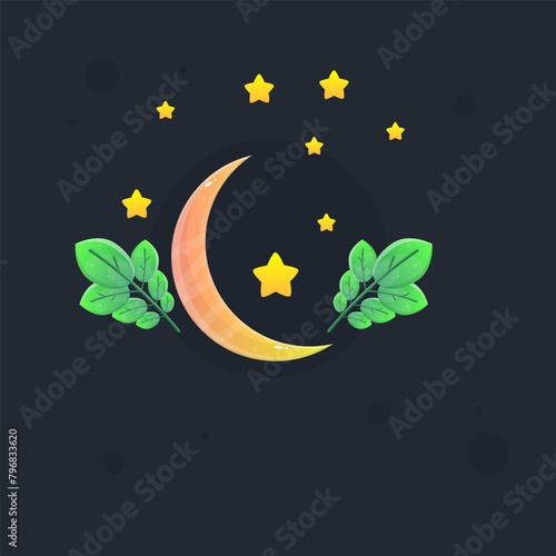 Magic Moon Glossy Yellow  Game Icon Badge With Green Branches And Stars Isolated Vector Design (ID: 796833620)