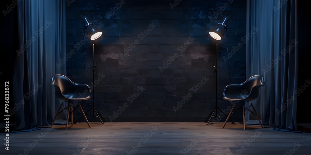 Minimalist Podcast Studio with Conversational Chairs and Microphones Against Dark Backdrop