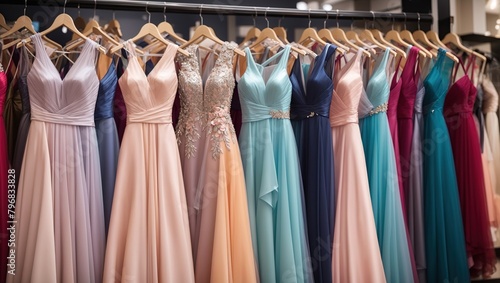 A clothing rack with many colorful evening gowns on it. The dresses are mostly pink, purple, and blue, and are made of different fabrics.