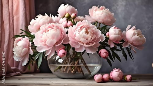 Gorgeous peony bouquet in a contemporary bohemian space. A melancholy image of soft pink peony blossoms in a vase set against a rustic background. Contemporary bohemian design  chic  comfortable inter