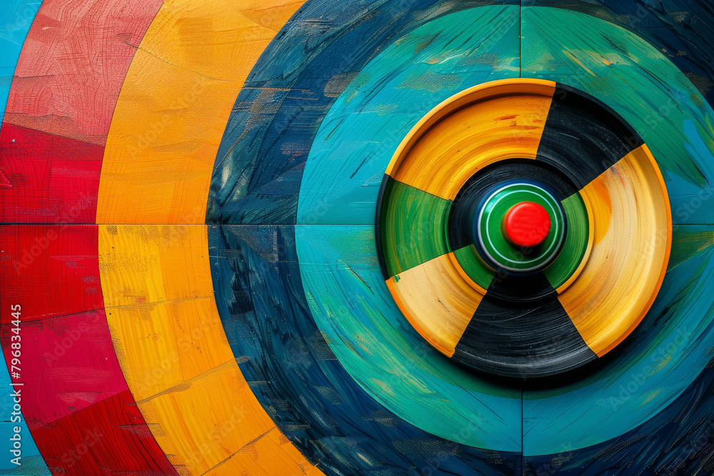 A wooden target with a red button in the center. The target has rings of different colors. A wooden target with a red button in the center. The target has rings of different colors.
