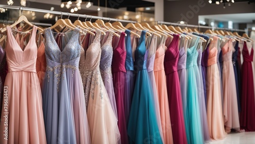 A clothing rack with many colorful evening gowns on it. The dresses are mostly pink, purple, and blue, and are made of different fabrics.