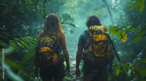 Fototapeta Naklejka Na Ścianę i Meble -  A couple hiking through a dense jungle, encountering diverse wildlife and lush vegetation on their adventurous trek.