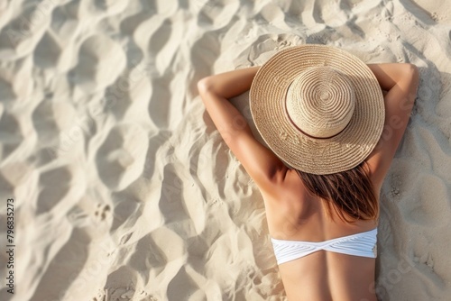 Woman sunbath on beach sand sunbathing adult tranquility.