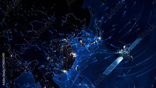 Japan. Highly detailed telecommunication satellite orbiting the Earth. 3D Rendering. Sending Wifi Telecom Signals. South East Asia Map with City Lights photo