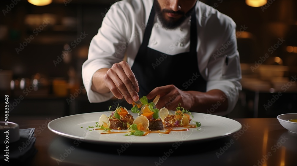 Chef garnishing exquisite plate of food. Chef garnishing exquisite plate of food.