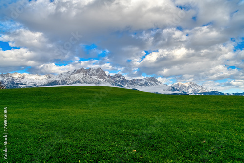 Spring scene in the Salzburg Alps near Saalfelden in Pinzgau. A lush green meadow in front of the panorama of the 