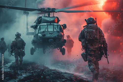 The photograph showcases troops moving forward beneath the support of a hovering helicopter, enveloped in a smoky battlefield photo