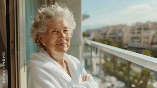 Mature well-groomed woman in a bathrobe on a hotel balcony