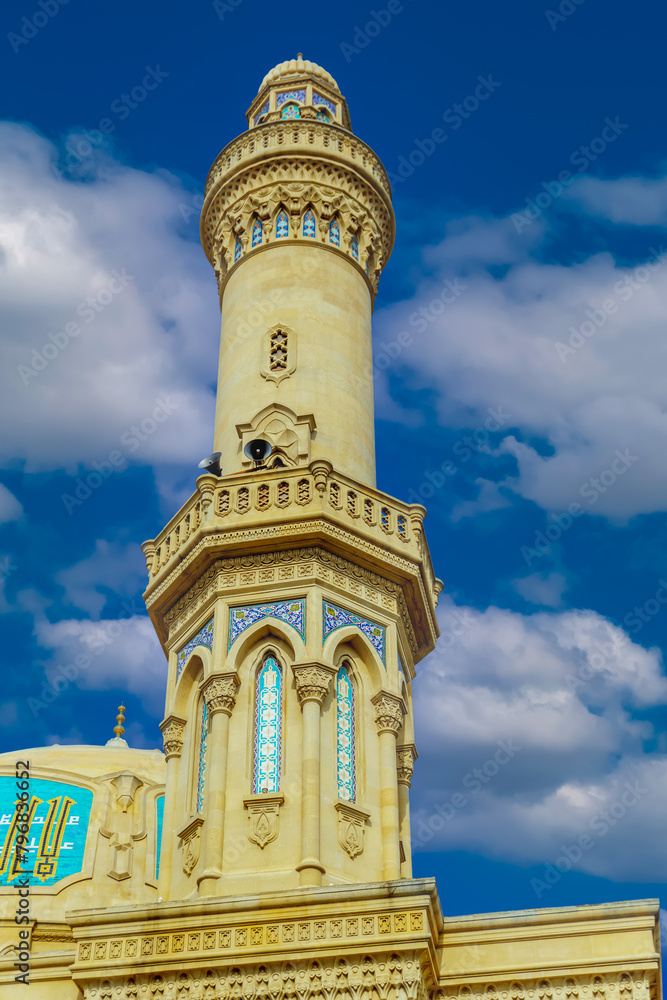 Sahib-e-Zaman mosque in Baku, Azerbaijan, Text reads: 