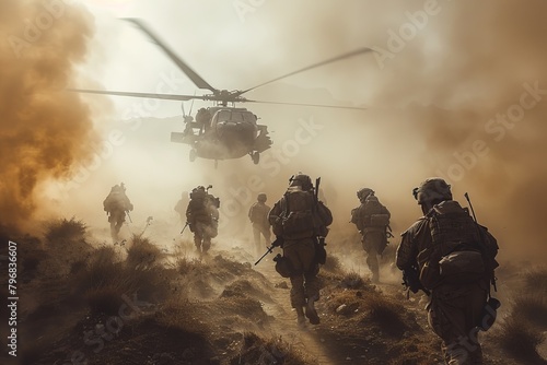 Soldiers in full gear approach a dust-filled horizon, helicopter flying low in support during an operation