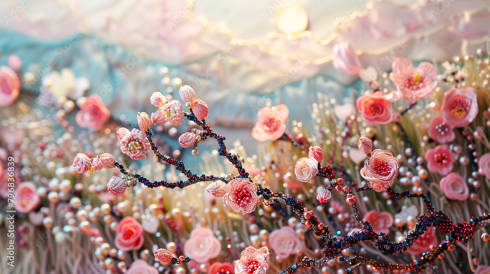 An artistic miniature of a spring landscape with flowering plants and trees,Generated by AI An artistic miniature of a spring landscape with flowering plants and trees,Generated by AI