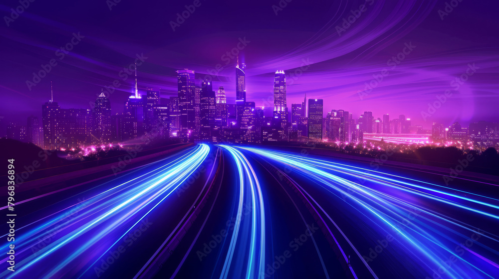 Nighttime city skyline illustration with vibrant neon traffic streaks