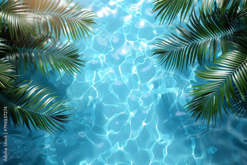 A tranquil pool of sparkling blue water, enclosed by the silhouettes of refreshing palm leaves imparting a calm oasis A tranquil pool of sparkling blue water, enclosed by the silhouettes of refreshing palm leaves imparting a calm oasis