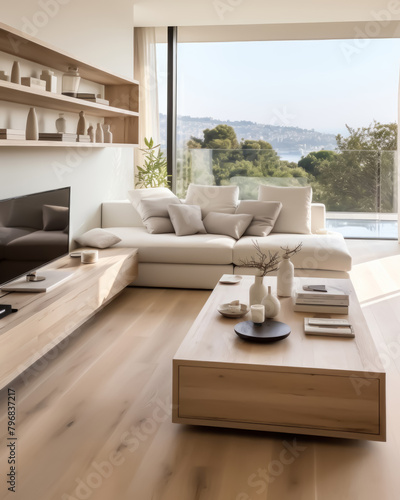 A modern living room with a large sectional sofa, a coffee table, and a TV. The room is decorated in a neutral color palette with white walls and light wood floors. There is a large window that lets i