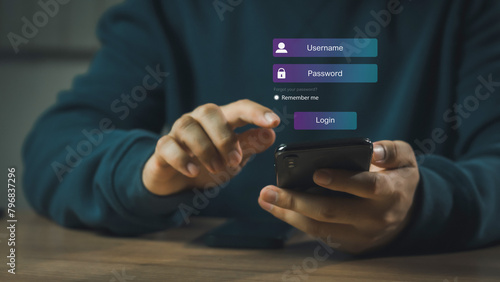 cybersecurity concept, user privacy security and encryption, secure internet access Future technology and cybernetics, screen padlock. Man using his mobile selects the icon security.