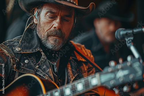 A rugged, older cowboy with a weathered face plays acoustic guitar, eyes closed, expressing passion and dedication to his music