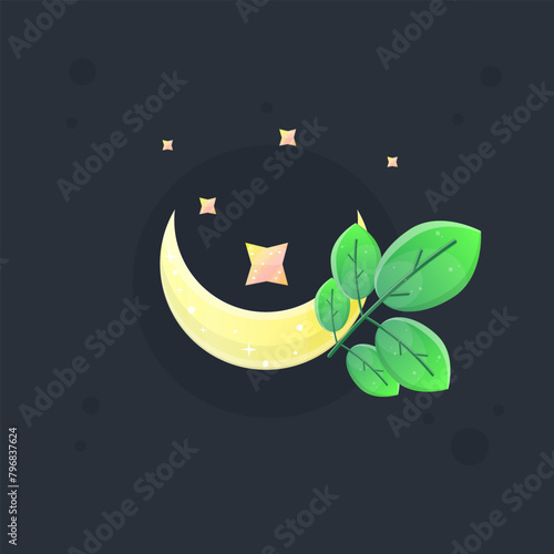 Magic Moon Glossy Yellow Game Icon Badge With Green Branches And Stars Isolated Vector Design (ID: 796837624)