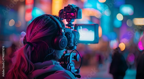 A photo of a female photojournalist with long brown hair wearing headphones and holding a camera. photo