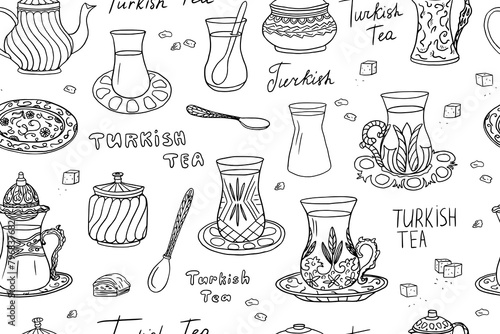Beautiful seamless pattern of hand drawn Turkish tea theme elements in doodle style. Turkish tea cups, spoons, saucers, teapots and sugar bowl. Tulip shaped glasses. Turkish tea. Armuds