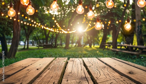 Wooden table with string lights and bench in the park background  summer party concept banner for advertising or decoration Generative AI
